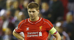 Liverpool's Steven Gerrard reacts after Real Madrid scored a third goal during their Champions League Group B soccer match at Anfield in Liverpool